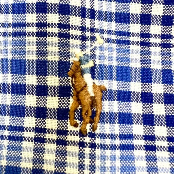 Ralph Lauren Mens Large Navy Blue White Plaid Shirt Long Sleeve Flesh Pony Logo